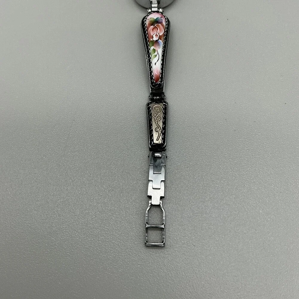 Vintage Luch Womens Watch 17mm Pink Dial Floral Enamel 15 Jewels Manual 6.75